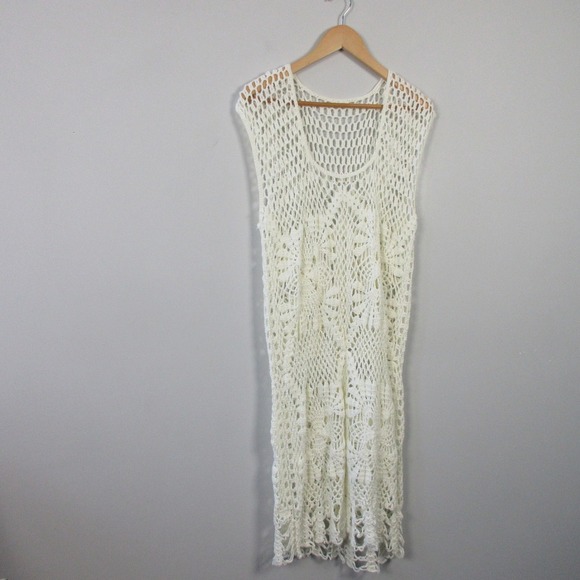 Cover Up Sleeveless Dress Ivory Crochet Open Knit Beach Midi Summer Boho 350 - Picture 1 of 10